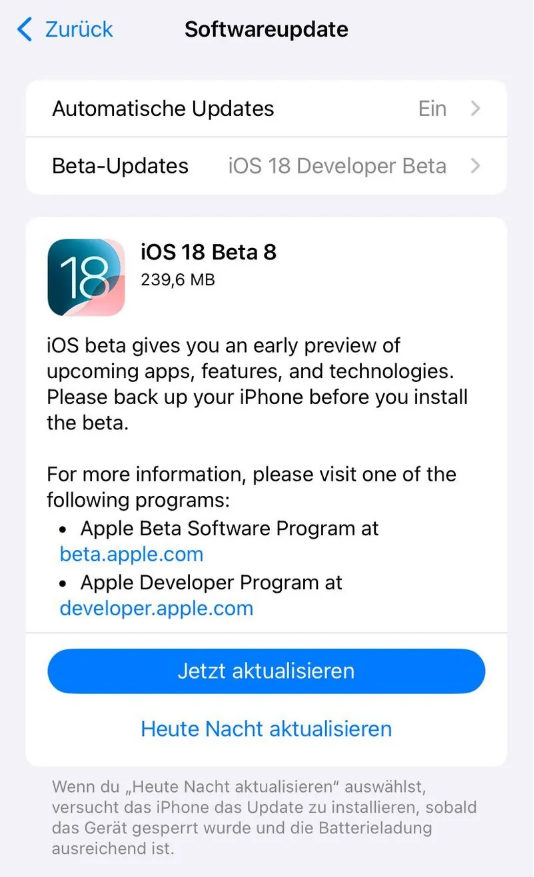 府谷苹果手机维修分享苹果 iOS / iPadOS 18 开发者预览版 Beta 8 发布 